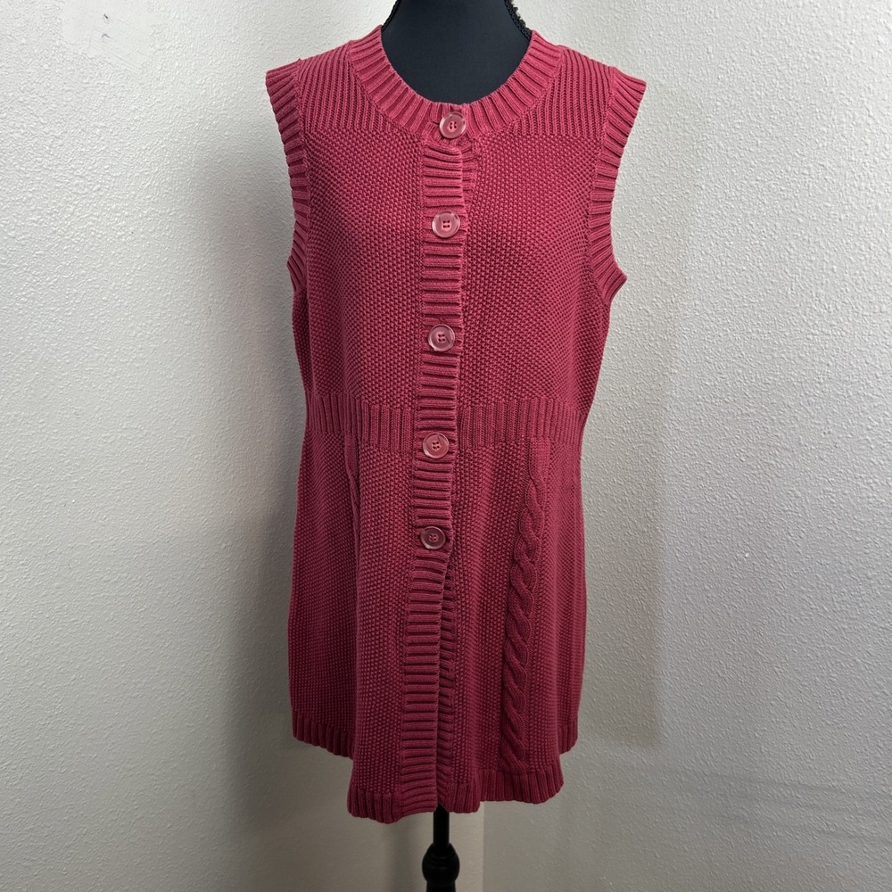 Vtg Westbound‎ Cable Knit Vest Women's Large Maroon Full Button Long Y2K Preppy